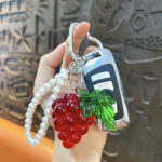 Cute transparent resin grape keychain with pearl chain and heart carabiner, fruit bag charm