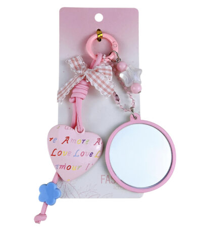 heart mirror bag charm cute acrylic heart makeup mirror keychain with lace bow and beads