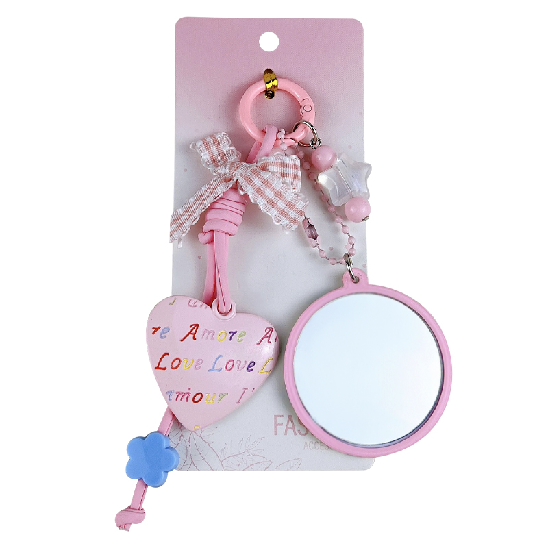 heart mirror bag charm cute acrylic heart makeup mirror keychain with lace bow and beads