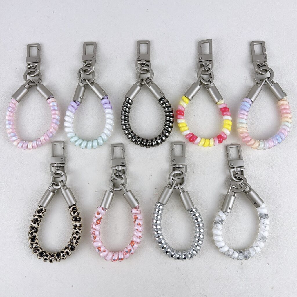 Short stretchable PVC telephone cord keychain, leopard print coil phone charm with metal clasp