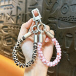 Short stretchable PVC telephone cord keychain, leopard print coil phone charm with metal clasp