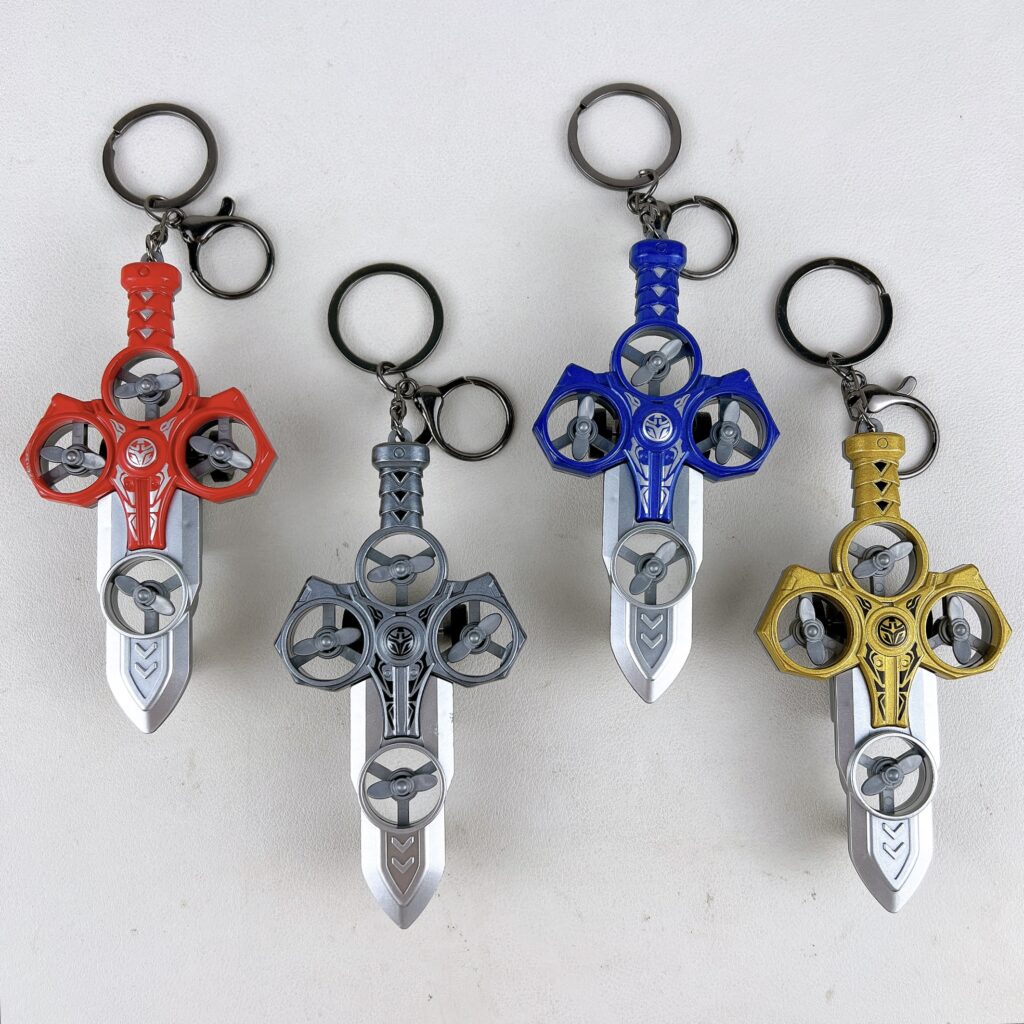 Red pull back sword fidget toy keychain with propeller design, ABS bag charm