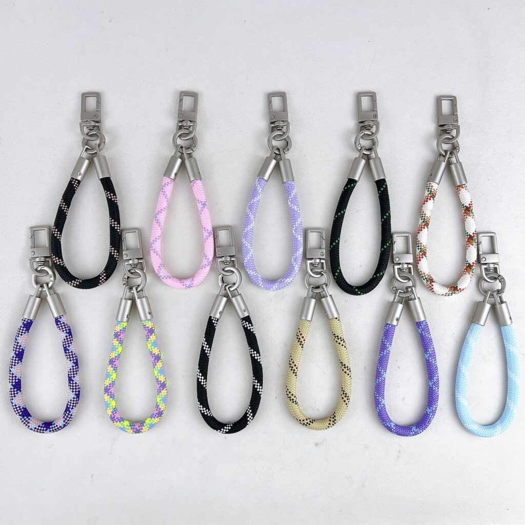 Purple anti-lost woven cotton lanyard keychain with metal clasp, phone wrist charm