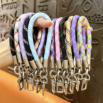 Purple anti-lost woven cotton lanyard keychain with metal clasp, phone wrist charm